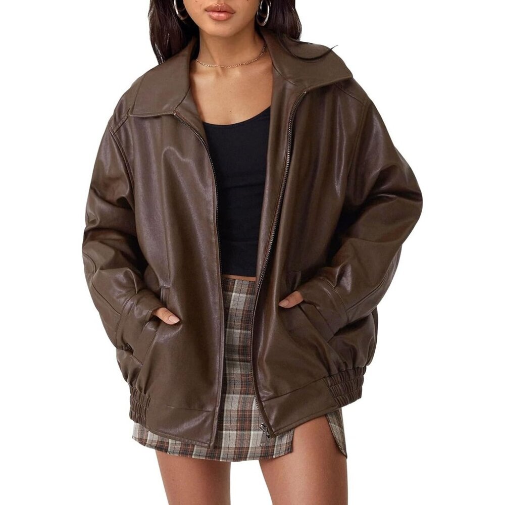 〽️Women's Casual Brown Faux Leather Jacket Motorcycle Style Coat Stand-up Collar